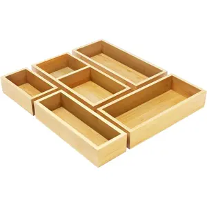 Bamboo Drawer Organizer Box Set, 5 PCS Multi-Use Individual Wood Storage Containers, Junk Drawer Divider Organizers and Storage Trays for Kitchen, Bathroom, Office Desk, Makeup, Jewelry, Utensils