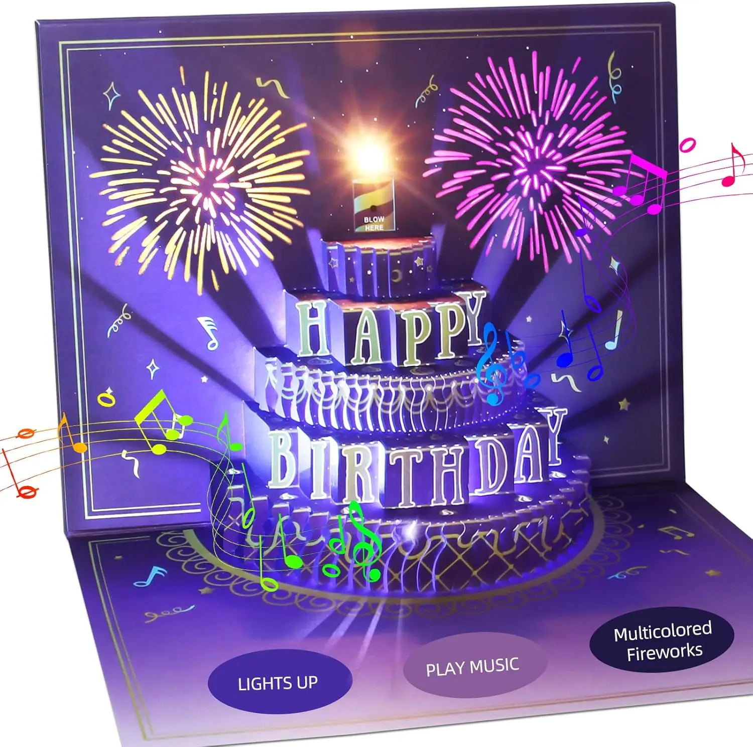 Happy Birthday Cards Fireworks, Lights, Music and Sound Fireworks Cake 3D Pop Up Birthday Cards Gift with Envelope and Note Tag for Women, Men, Kids, Wife, Mom, Husband