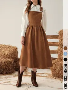 Women's Solid Ribbed Overalls Dress, Casual Sleeveless Square Neck A Line Dress for Spring & Fall, Women's Clothing for Daily Wear