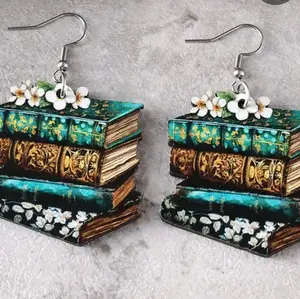 Bookish Earrings with Detailed Book Stack Design and Delicate Flower Accents for Book Lovers