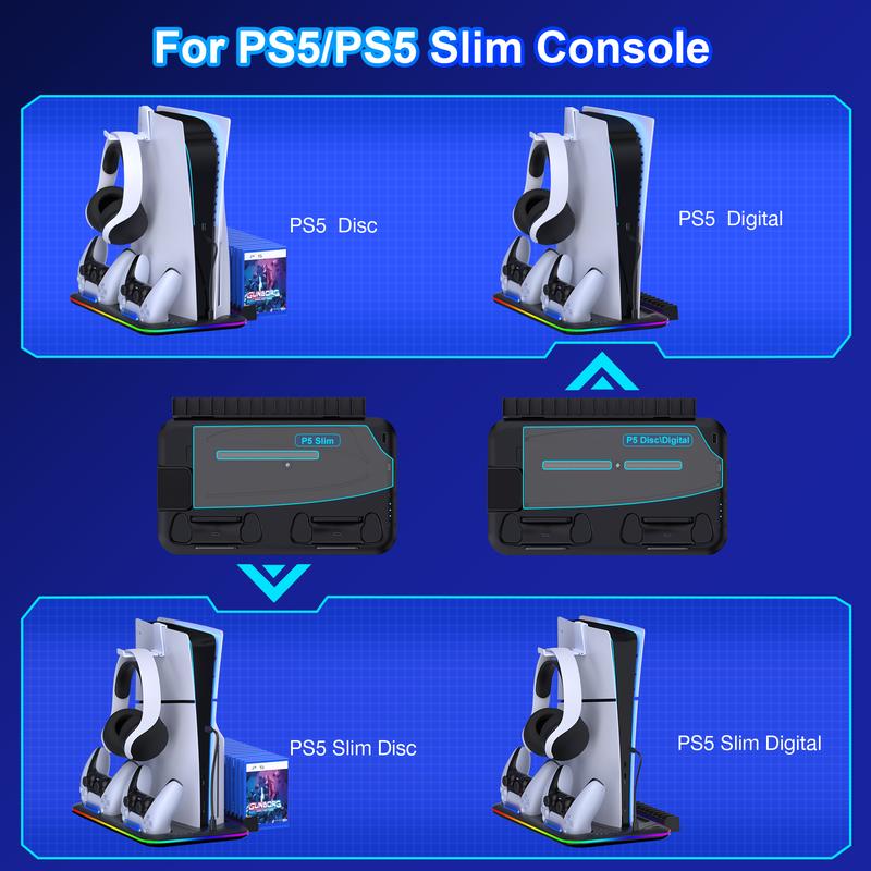 ESYWEN Cooling Stand and Controller Charging Station for PS5 Slim Console Disc/Digital, Headset Holder, 15 Game Slot for Playstation 5 ESYWEN Cooling Stand and Controller Charging Station for PS5 Slim Console Disc/Digital, Headset Holder, 15 Game Slot for Playstation 5