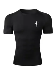 Men's Cross Print Round Neck Compression Tee, Sporty Quick Drying Breathable T-shirt for Gym Workout Running, Men's Top for Summer, Fitness Running Tops, Athletic Compression Shirts