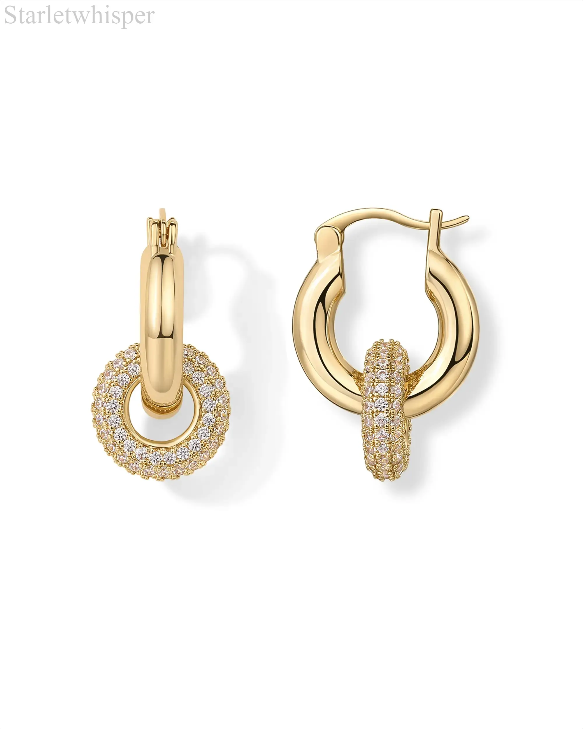 Trendy 14K Gold Plated Convertible Chunky Hoop & Huggie Earrings for Women, Sparkling CZ Cubic Zirconia Drop Dangle Jewelry, Elegant Versatile Daily & Party Accessory
