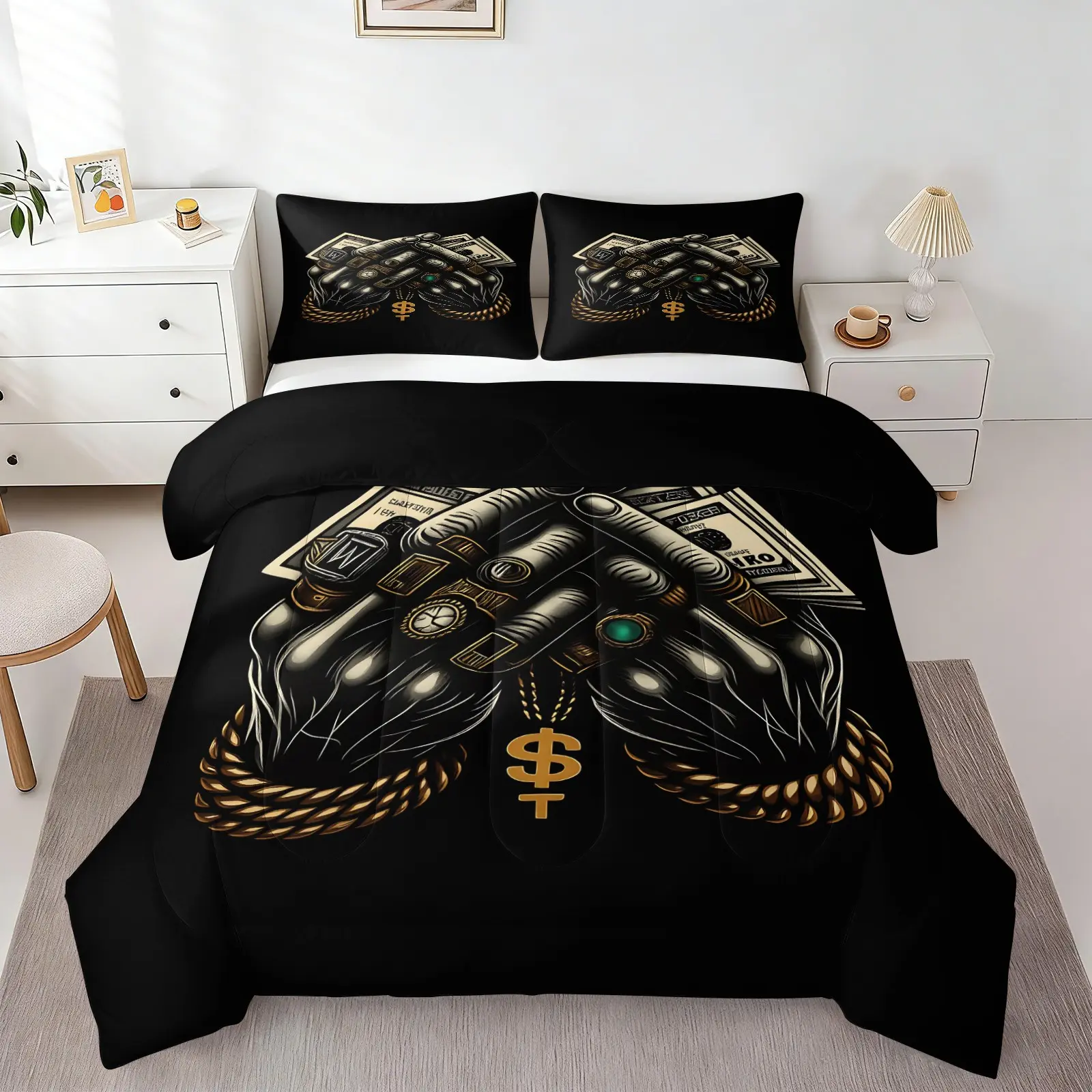 2/3Pcs Hip Hop Money Hand Print Comforter Set, Urban Streetwear Bedding Set with Pillowcases, Soft Black Gold Quilt for Bedroom Dorm, Stylish Dollar Sign Themed Bed Set for Teens Adults, All-Season