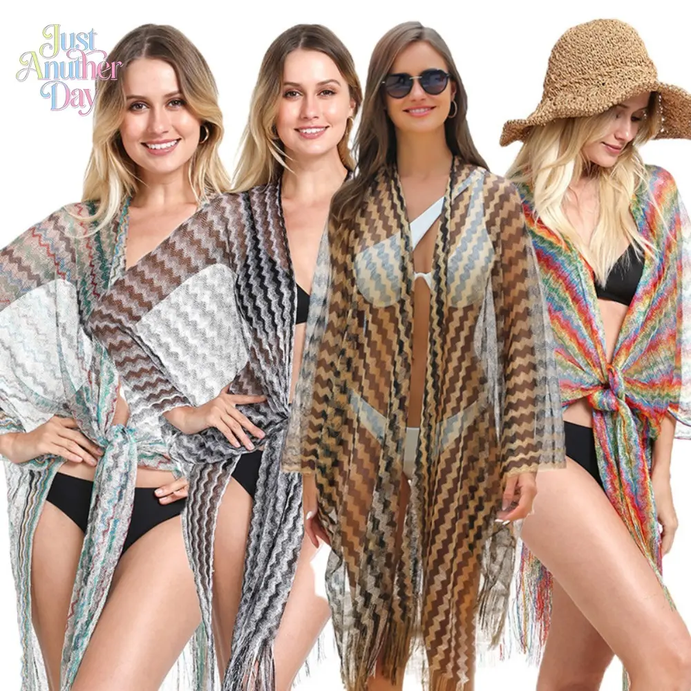 Hollow-Out Knit Sarong Cover Up, Boho Tassel Kimono Cardigan, Sheer Bikini Wrap for Summer Beach, Pool & Vacation Wear