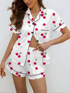 Women's Fruit Cherry Print Pajama Set, Casual All-Over Print Sleepwear, Soft Shirt Collar Top & Elastic Shorts, Comfortable Home Wear