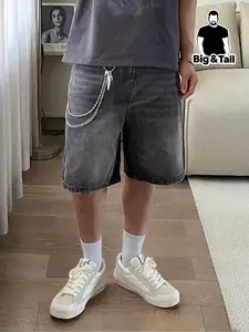 Men's Wide Leg Plain Denim Shorts(Without Metal Chain).Loose Street Fashion Casual Comfy Pocket Denim Shortsfor Daily Wear, Woven Bottoms for All Seasons, Menswear