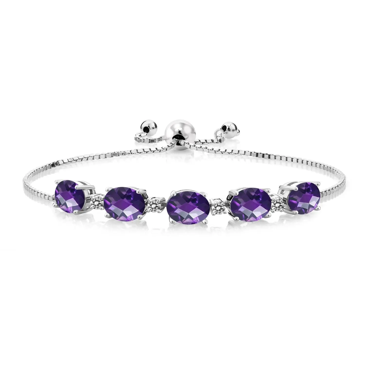 6.26 Cttw Oval Checkerboard Purple Amethyst and White Diamond Tennis Bracelet For Women | 925 Sterling Silver | Gemstone Birthstone | Fully Adjustable Up to 9 Inch