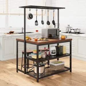 OUTGOODS Farmhouse Kitchen Island with Storage & Power Outlet – 3-Tier Bakers Rack, Heavy Duty Steel Frame, 5 Hooks, Multi-Use Coffee Bar Station, Seating for Small Spaces – 42 Inches, With Power Supply