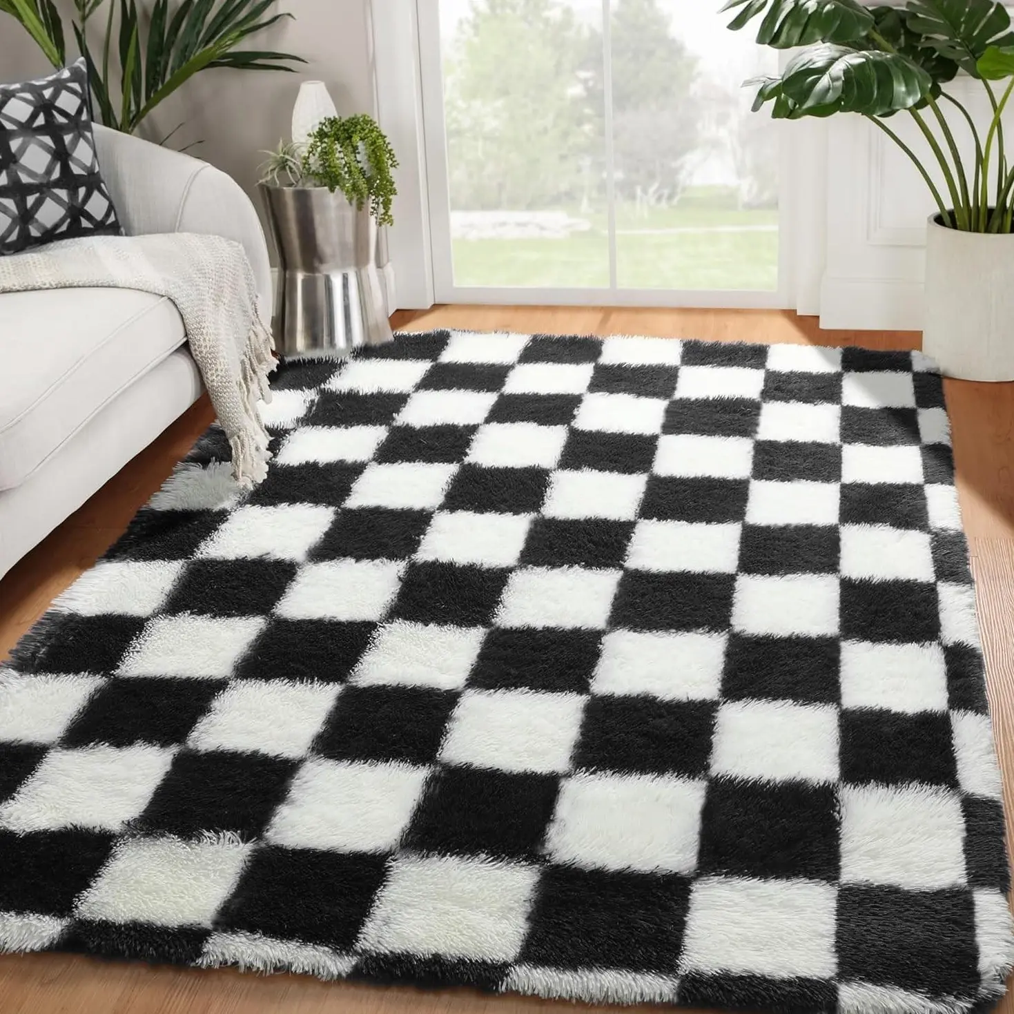 4x6 Black & White Checkered Fluffy Shag Rug - Soft, Plush, Fuzzy Modern Area Rug for Living Room, Bedroom Home Decor, Living Room Rugs