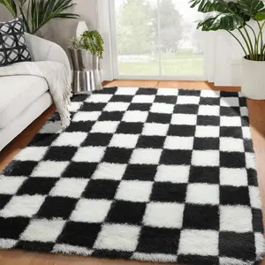 4x6 Black & White Checkered Fluffy Shag Rug – Soft, Plush, Fuzzy Area Carpet for Bedroom, Living Room, Kids Room, Dorm & Nursery Home Decor