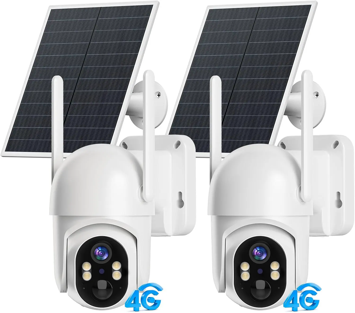 Solar LTE Outdoor Security Camera 2-Pack with 4G LTE Cellular Trail Camera 360° Night Vision 2.7K Color PIR Alerts Remote Access Solar-Powered Wireless Surveillance for Farm Jobsite White Black Card Local