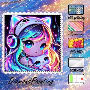 DIY 5D velvet diamond painting kit, AB diamonds, fairy dust diamonds, crystal diamonds, cat ears, colorful hair, cute cat diamond embroidery, special craft diamond art kit, wall decoration, gift for family, lover, and friends.