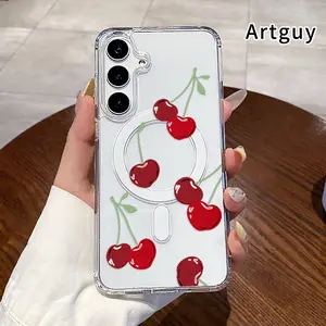 Magnetic Soft Phone Case for  Samsung Galaxy S23 Ultra S24 Plus FE S25 S22+ Cherry Reverie Pattern Anti-Yellowing Shockproof ultra-thin Silicone Crystal Transparent Acrylic Large Hole Cover Supports Wireless Charging