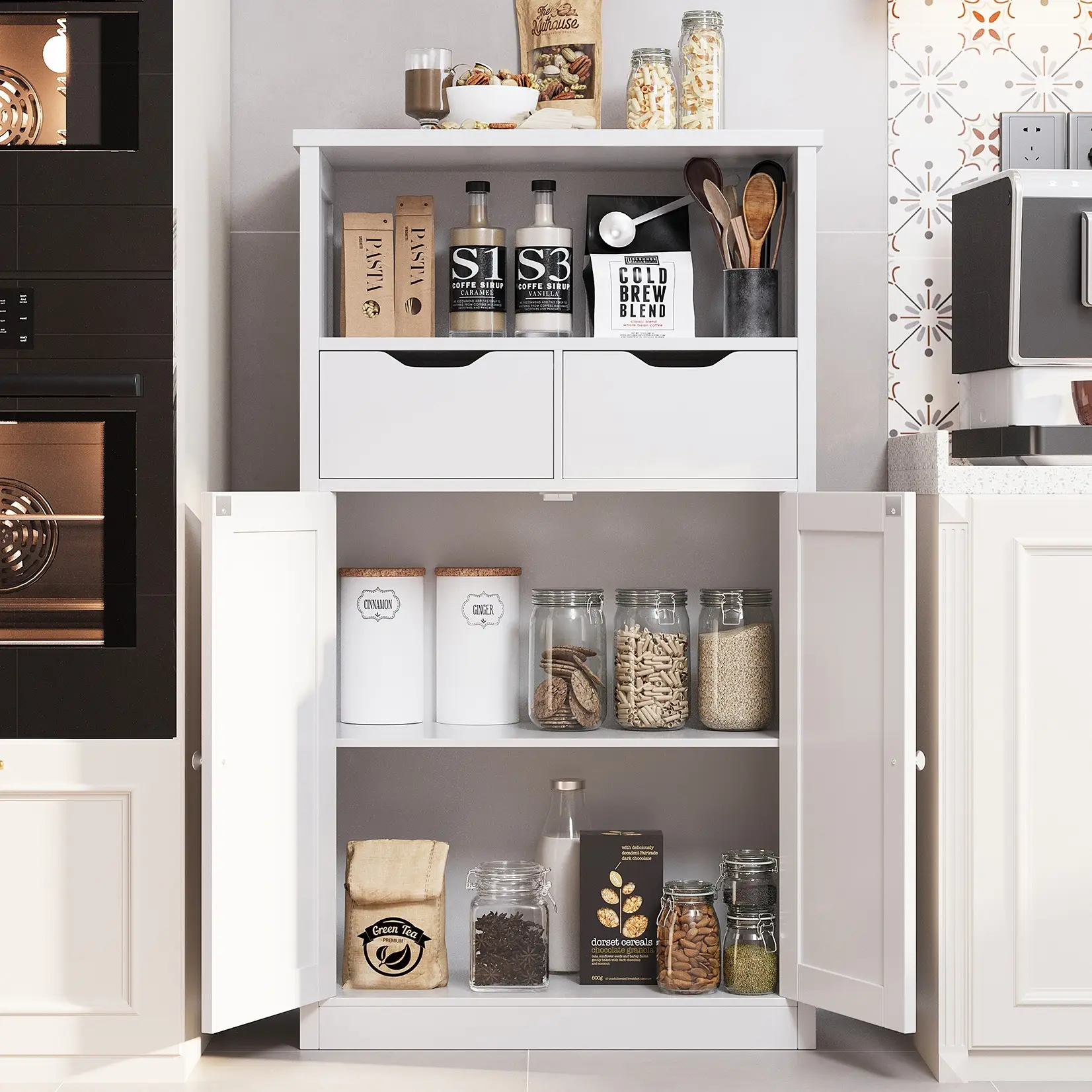 Walsunny Floor Storage Cabinet, Organizer with Doors and Drawers, Freestanding Side Cupboard Pantry with Adjustable Shelf for Bathroom/Living room