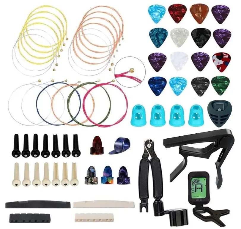 66PCS Guitar Accessories Kit with Acoustic Strings Picks Capo String Winder Cutter Tuner Bones for Players Beginners