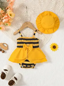 Ready Stock 1-18M Baby Girls Summer Bee Pattern Smocking Straps Triangle Romper Dress with Hat 2Pcs Cute Clothes Yellow 42503087