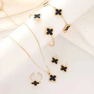 6pcs Clover Earrings, Necklace, Bracelet & Ring Jewelry Set for - -Plated Clover Flower Matching Suite, Elegant Daily Wear & Gift, Year-Round Versatile (Bracelet & Earrings/Necklace/Ring)