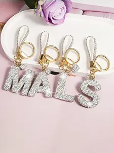 Shiny Silver Color Soft Clay Rhinestone Letter Keychain, Cute Personalized Bag Accessory, Heart Decoration Gift for Mom Friends Valentine's Day