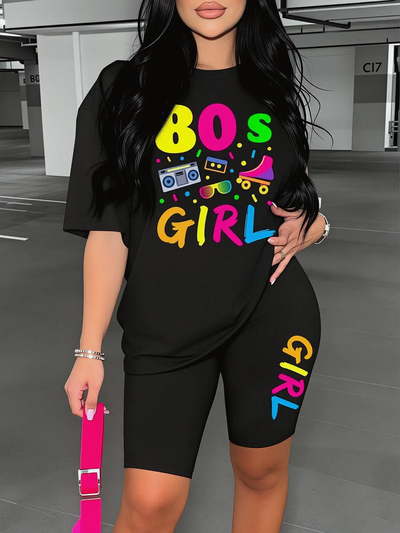 Polyester fiber Trendy Y2K Colorful 90s Vibe Streetwear Set | "Boss Girl" Neon Print  Round Neck T-Shirt And Shorts Set