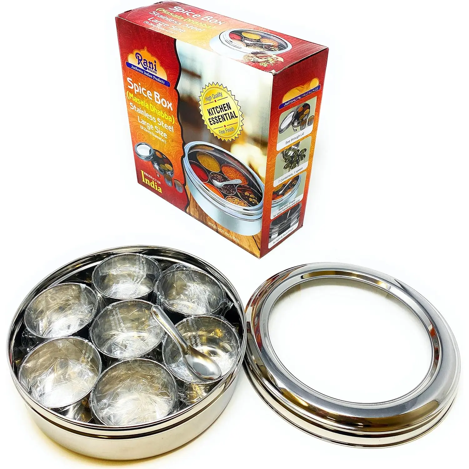 Box (7.5in x 2.8in) Stainless Steel Transparent Round Storage For Spices (Masala Dabba) 7 Compartments, with spoon ~ Packed in an attractive box,  for gifts!