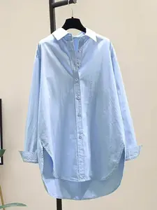 Women's Solid Color Button Decor Curved Hem Shirt, Casual Button Up Long Sleeve Collared Blouse Top for Daily Wear, Ladies Clothes for All Seasons