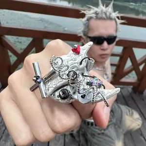 Gothic Punk Mechanical Wolf Head Ring Dark Aesthetic Cyber Y2K Metal Coating Costume Jewelry for Bold Fashionistas Unique Design Everyday Accessory