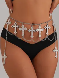 Silver Color Metal Cross Pendant Tassel Waist Chain Bling Chain, Fashion Hip Hop Punk Vintage Style, Sexy Double Layer Body Chain Jewelry