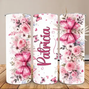 Pink Floral Custom 20oz Tumbler - Personalized Double-Wall Insulated Stainless Steel - Keeps Drinks Cold 12 Hours Hot 6 Hours - Perfect Gift for Birthdays Mother's Day