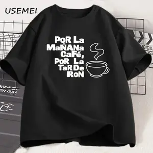 Por La Mañana Café Por La Tarde Ron Funny Spanish T-Shirt, Latinx Coffee Rum Meme Tee