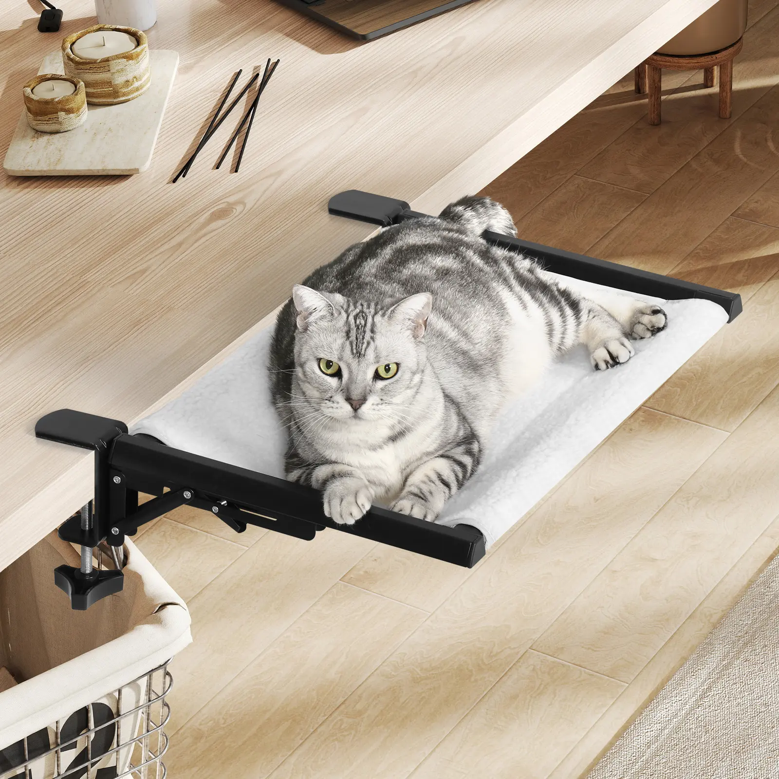SMONTER Cat Desk Bed - Clamp-On, Foldable Cat Hammock for Home Office, Steel Frame & Washable & Space-Saving Sleek Perch (Holds 33lbs)