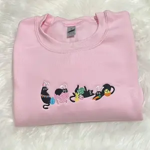 [Made in US] Embroidered Easter Black Cat Bunny T-Shirt, Sweatshirt & Hoodie, Cozy Pastel Pink Spring Embroidered Shirt Unisex Oversized Soft Fleece, Retro Vintage Bunny Cat Crewneck, Cute Whimsical Easter Apparel, Minimalist Holiday Fashion Gift Idea