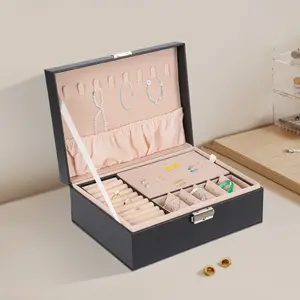 2 Tier Lockable Jewelry Box Black Velvet Lined for Rings Earrings Necklaces Bracelets Watches Storage Display Case for Home Dresser Compact 23x17x9 cm
