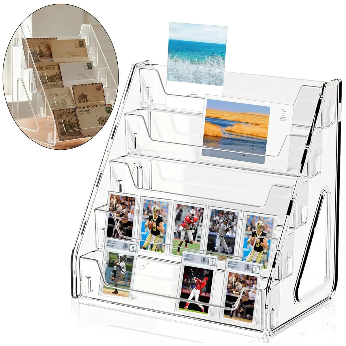 5-Tier Clear Acrylic Card Display Stand – Desktop Holder, Trading Card Organizer, Trading Card Storage for Graded Sports Cards (Football, Baseball, Basketball), Postcards & Stickers