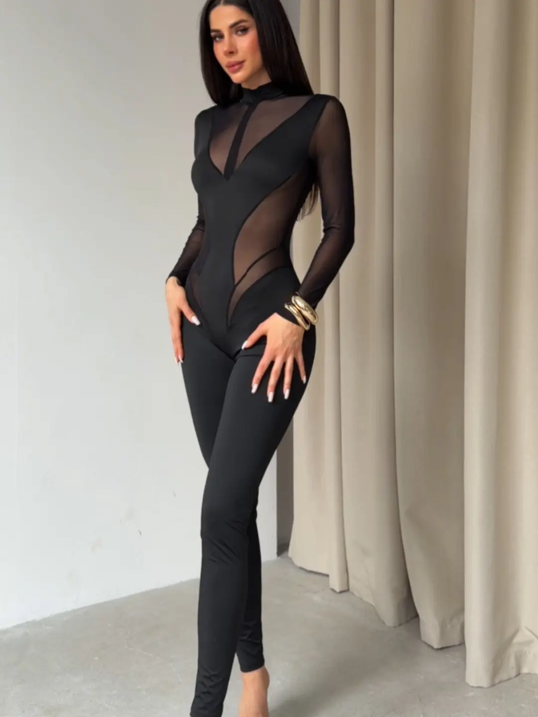 Statement Mesh See-Through Detail Long Sleeve Womenswear Spandex Bodysuit Jumpsuit Party Birthday