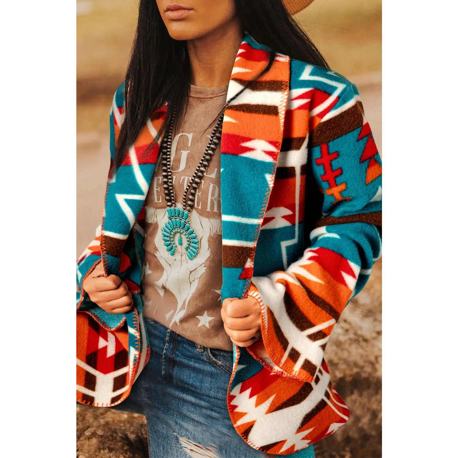Sky Blue Aztec Printed Lapel Bell Sleeve Jacket