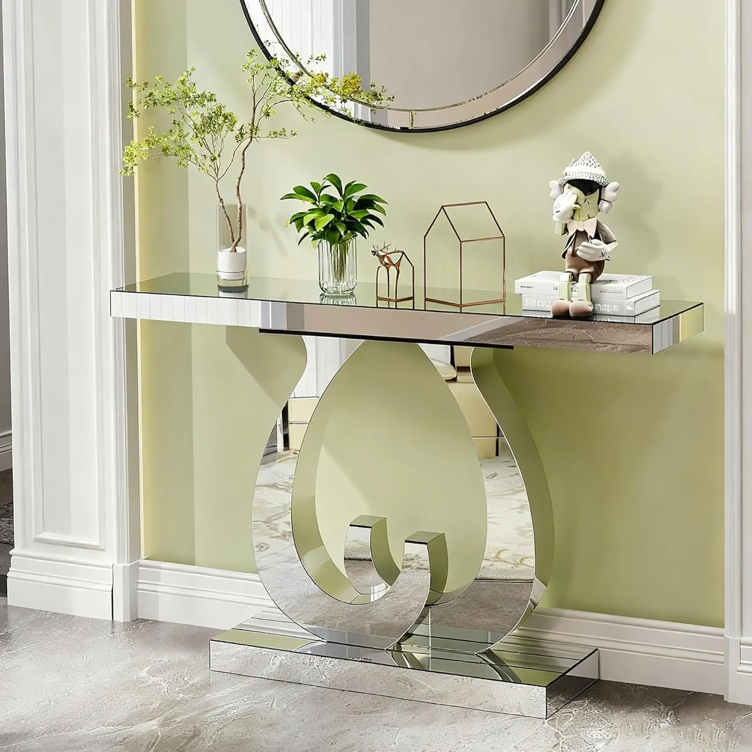 39.4" Silver Mirrored Console Table with Mirror Effect Entrance Table Double C-Shaped Base, Modern Rectangle Entryway Table for Living Room Corridor Entrance, 39.4''x11.6'' Glass Top