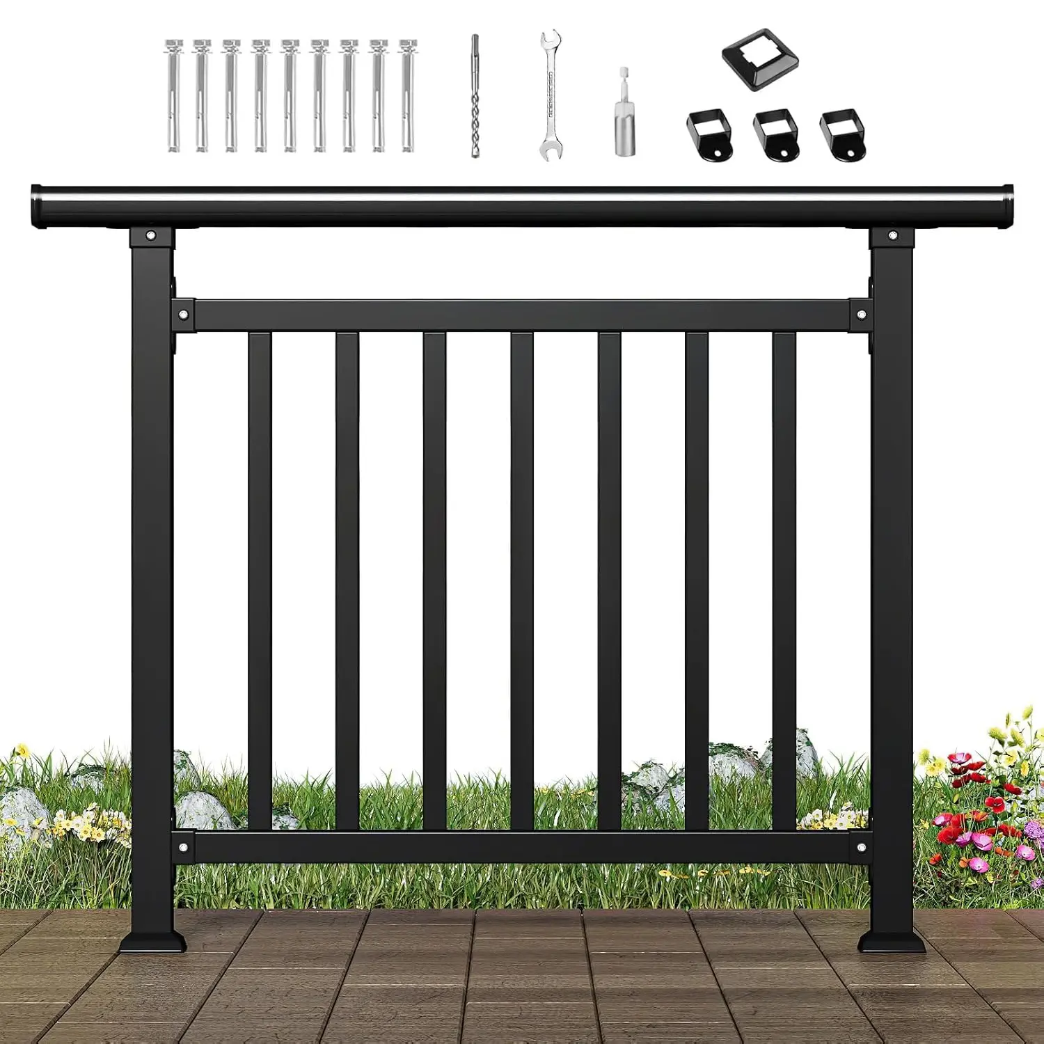 Heavy-Duty Wrought Iron Horizontal Deck Railing Kit, 40"H x 50"W Black Flat Handrail, Good Guardrail with Minimalist Lines, Flat-Surface Ready, Porch-to-Patio Fit, Indoor/Outdoor Backyard Accessory (Tools & Hardware)