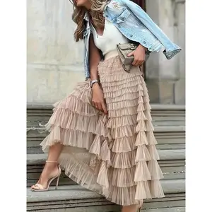 Women'sPlainRuffleHemTieredLayerSkirt,ElegantHighWaistLongSkirtforVacationHolidayParty,LadiesBottomsforAllSeasons,LongSkirtWomen