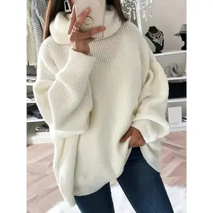 Plus Size Solid Color Turtleneck Sweater, Autumn/Winter Casual Long Sleeve Sweater, Women’s Plus Size Clothing