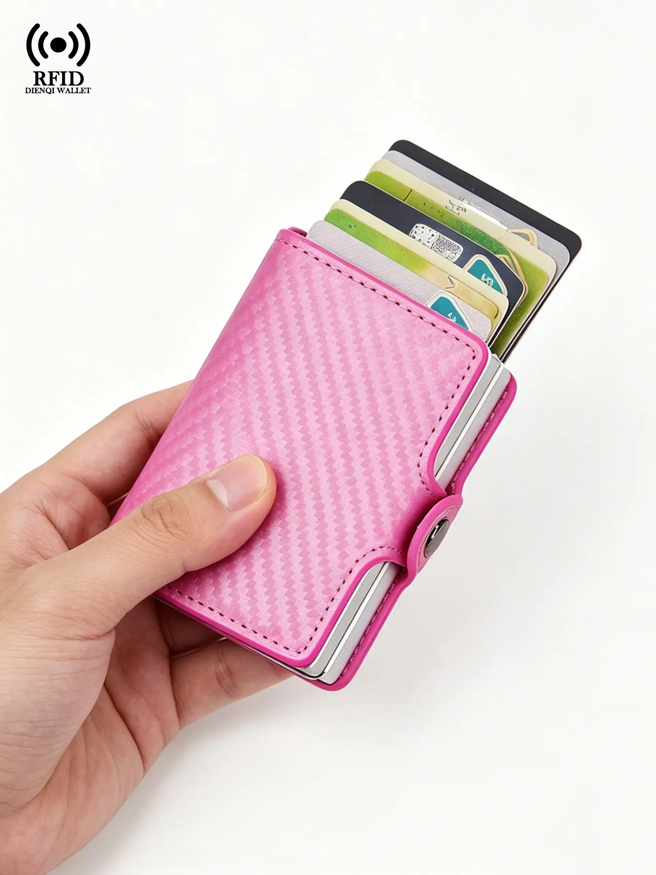 Spring Summer Travel Pink Slim Card Storage RFID Blocking Aluminum Wallet, Business Design with Pop-Up Card Slots Pocket, Cash Slot ID Credit Card Holder, Daily Use, Cardholder Travel Accessory, Wallet for Women Men