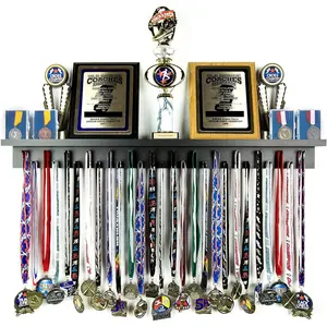 3ft- Medal Awards Rack Ultimate Medal Hanger Display and Trophy Shelf - Multi-Sport Trophy and Medal Holder for Medal Display, Plaques, Pictures, Trophies and more.Solid Wood - Large 36" - Black