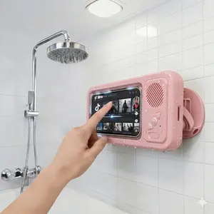 Waterproof Shower Phone Holder with Built-in Bluetooth Speaker, 360° Rotatable Touchscreen Case, Anti-Fog Hands-Free Mount for Bathroom, Kitchen