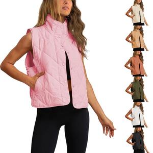 SCUSTY Women's Basic Tops Quilted Puffer Vest Sleeveless Stand Collar Lightweight Button Down Padded Gilet with Pockets