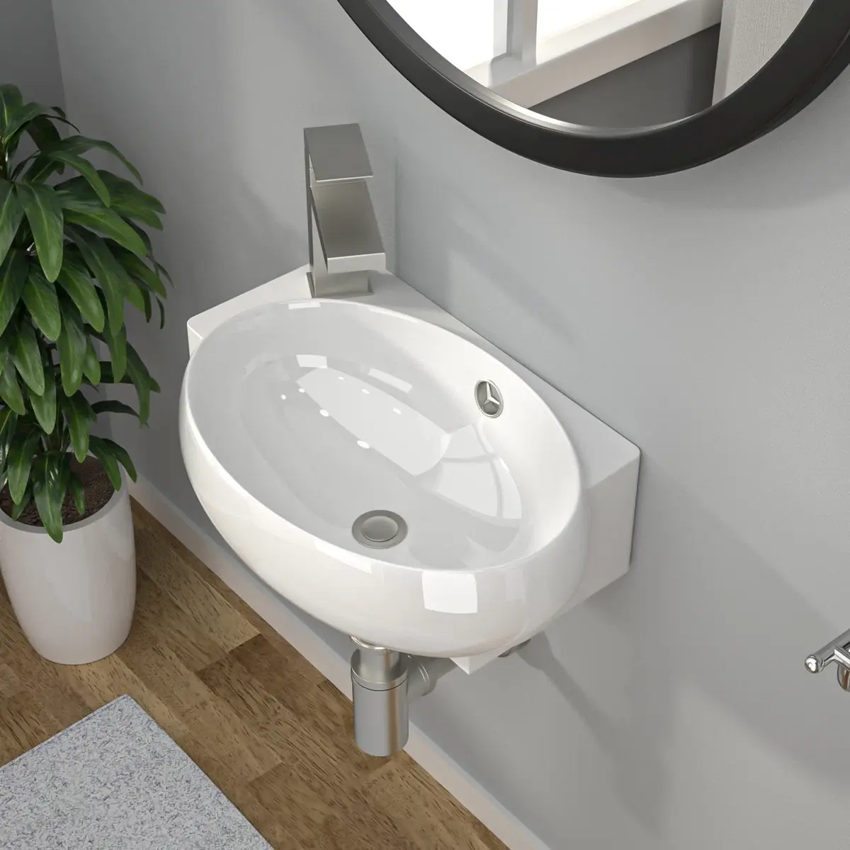 Kichae 16"x11" White Ceramic Wall-Mount Bathroom Sink, Small Oval Wall-Hung Vanity Sink for Small Spaces, Overflow Protection, Pre-Drilled Single-Hole Faucet Compatible