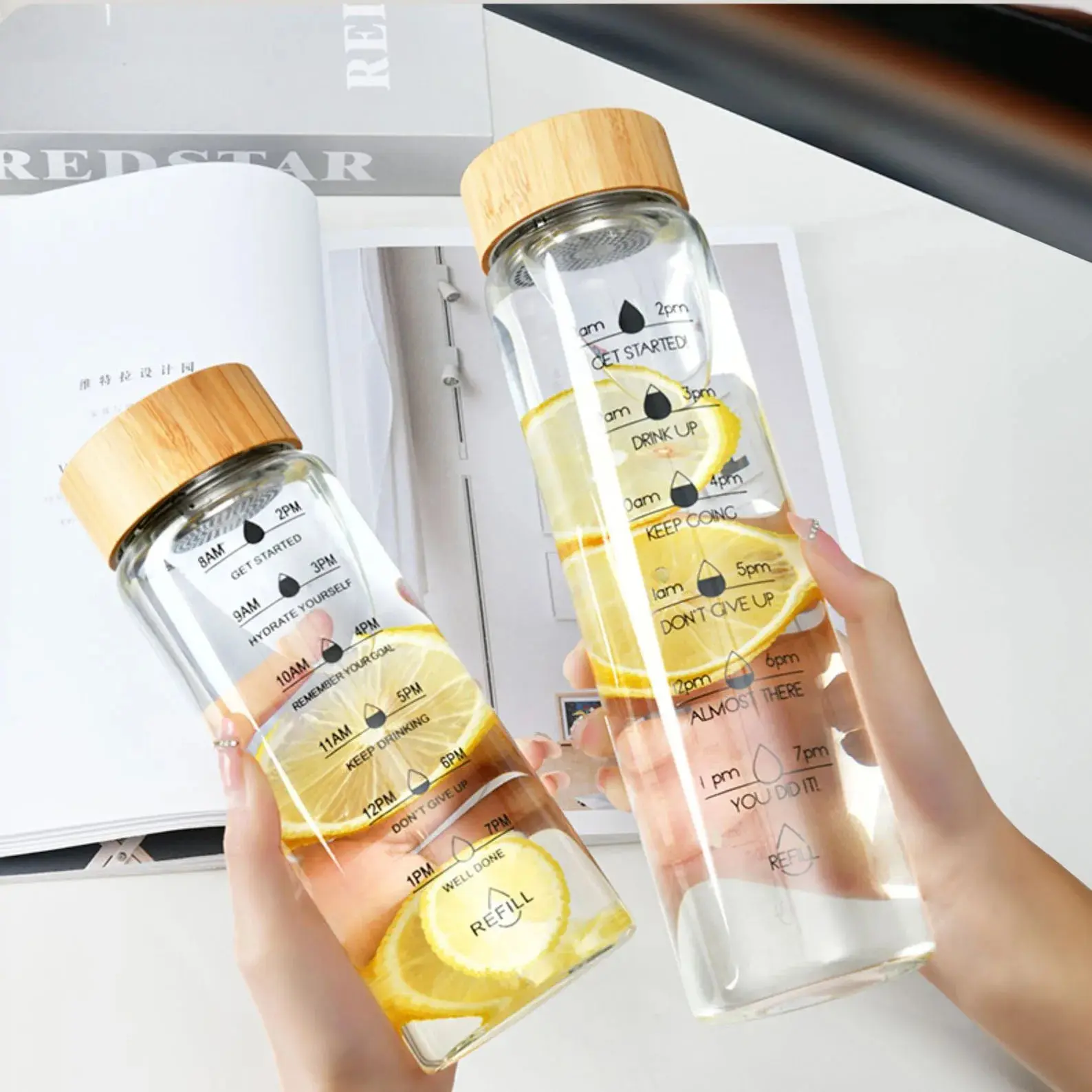 Borosilicate Glass Water Bottle with Bamboo Lid and Removable Tea Infuser
