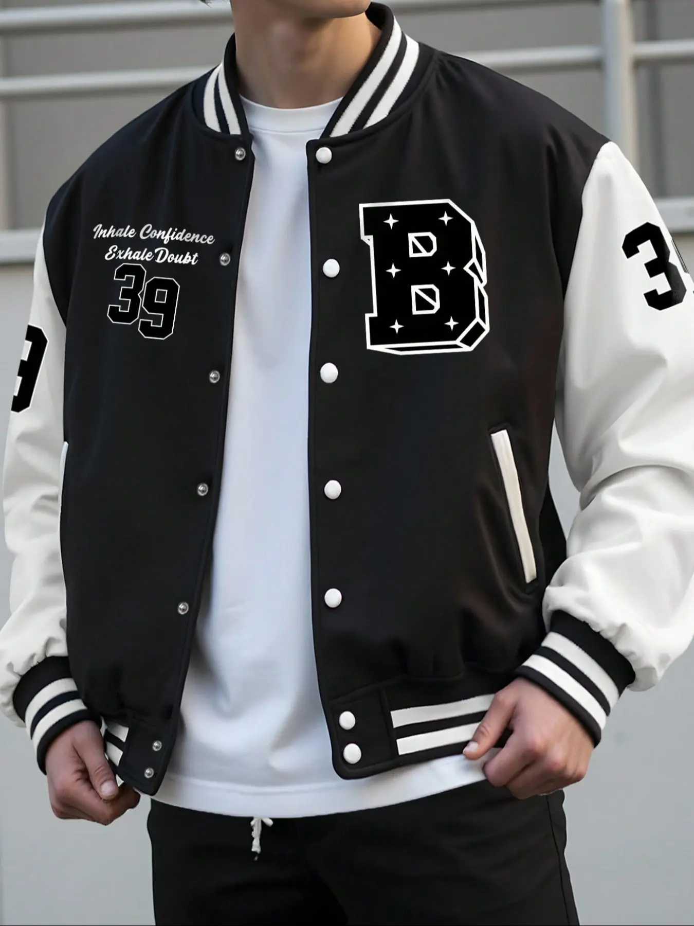 Men's Fall Winter Color Block Casual Varsity Jacket, Large B Letter No.39 Inspirational Slogan Graphic Print Button Up Long Sleeve Baseball Coat, Preppy Street Outerwear for Daily School Dating Party Travel, Men's Fall Outfits & Winter Outfits