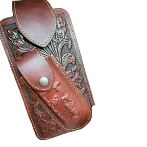 Praying Cowboy Genuine Leather Phone Belt Holster and Knife Holder Floral embossed with belt loop and belt clip