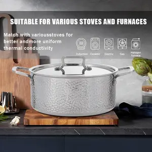 Vivicreate Tri-Ply Stainless Steel Stockpot, Deep Cooking Pot with Lid, Hammered Exterior, Silver Classic Aesthetic