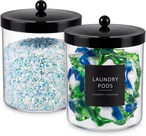 2-Pack Acrylic Jar with Black Stainless Steel Lid Set (78oz&50oz)-Large Clear Apothecary Jars with Measuring Spoons & Labels for Laundry Room, Kitchen Pantry, Bathroom Storage
